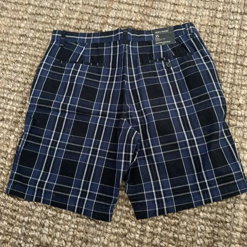 Banana Republic Aiden Short Slim Fit Blue Plaid Flat Front Mens 35 10” Ins NEW